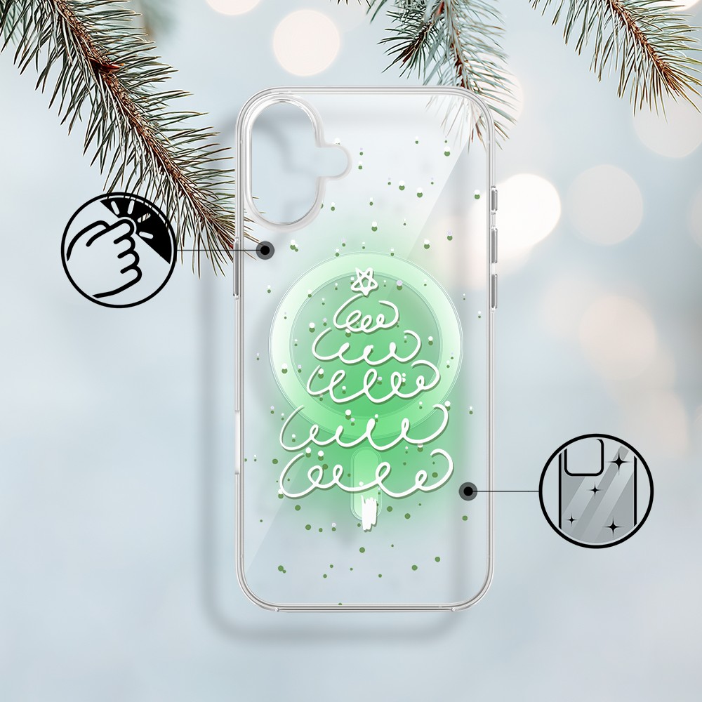 Etui do iPhone 17 z MagSafe, malowana choinka na zielonym świetle, przeźroczyste1