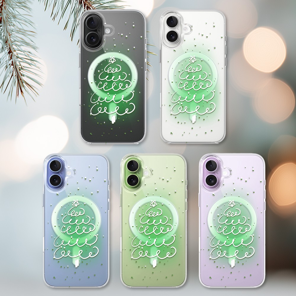 Etui do iPhone 17 z MagSafe, malowana choinka na zielonym świetle, przeźroczyste2