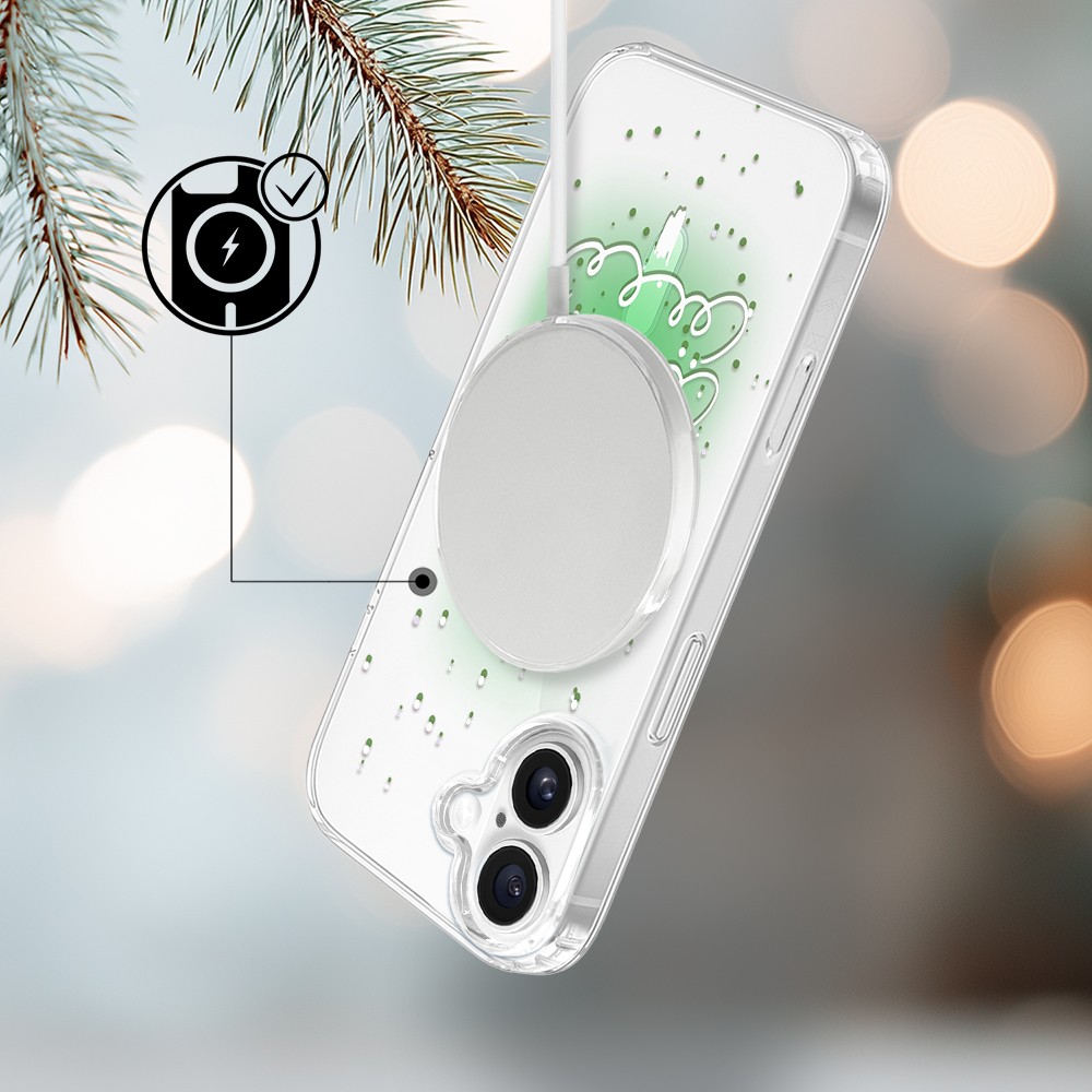 Etui do iPhone 17 z MagSafe, malowana choinka na zielonym świetle, przeźroczyste3