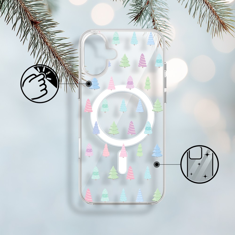 Etui do iPhone 17 z MagSafe, pastelowe choinki, święta, przeźroczyste1