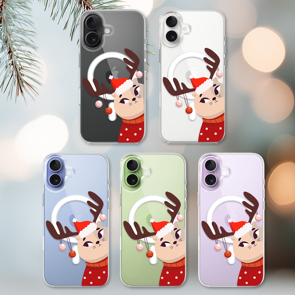 Etui do iPhone 17 z MagSafe, świąteczny kotek przebrany za reniferka, przeźroczyste2