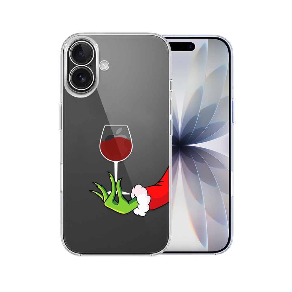 Etui do iPhone 17, zielony psotnik z lampką wina, przeźroczyste