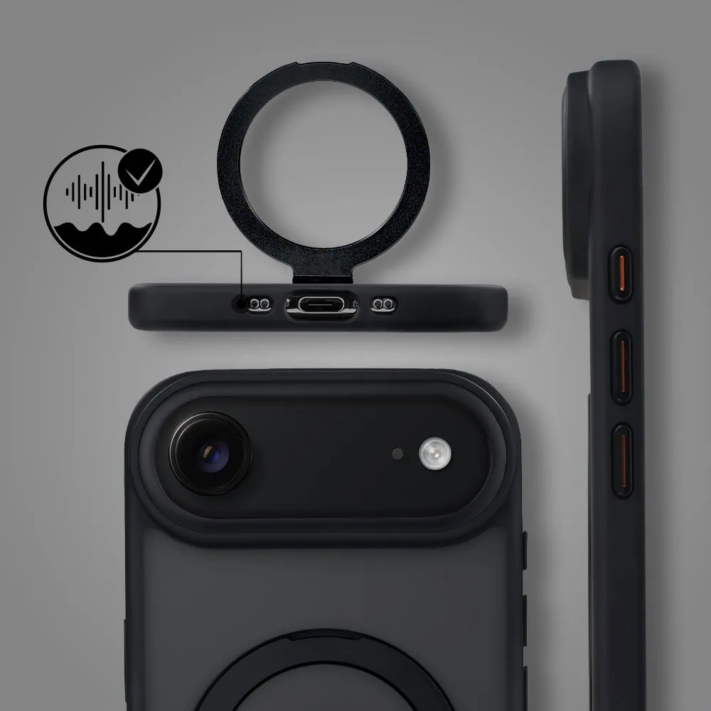 Etui do iPhone Air Metal Cam MagSafe Stand z podstawką, twarde, półprzeźroczyste, czarne (6)