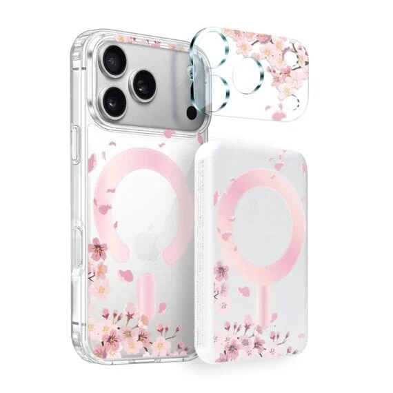 Zestaw etui do iPhone 17 Pro Max, szkło na aparat, power bank, kwiat wiśni