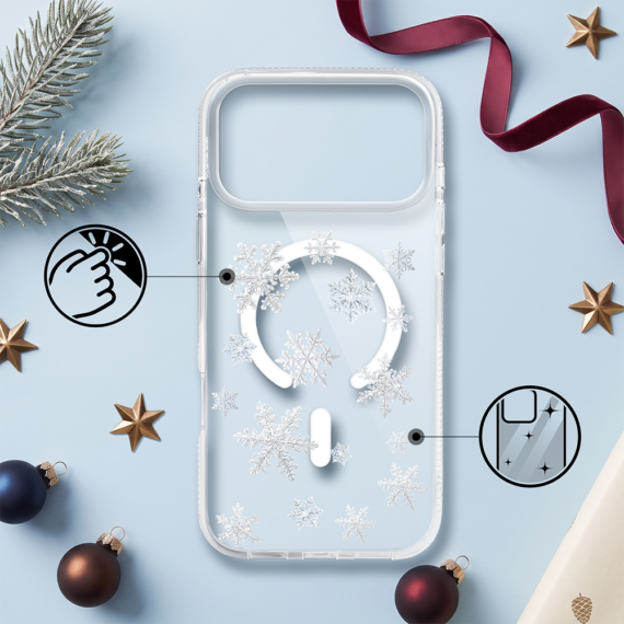 etui do iphone 17 pro z magsafe, zimowa magia, delikatne płatki śniegu, przeźroczyste