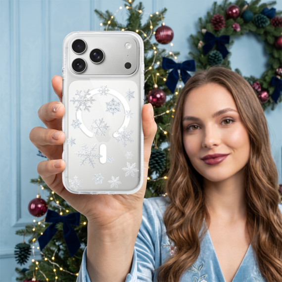 etui do iphone 17 pro z magsafe, zimowa magia, delikatne płatki śniegu, przeźroczyste
