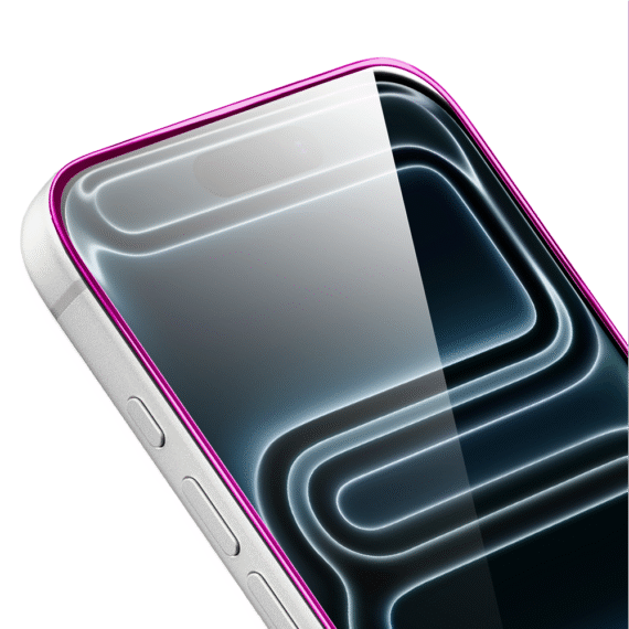 Szkło hartowane 9H do iPhone 17 Pro, twarde wzmocnione z metalizowaną różową ramką (1)