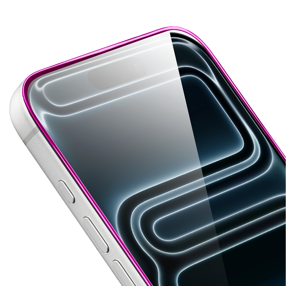 Szkło hartowane 9H do iPhone 17 Pro, twarde wzmocnione z metalizowaną różową ramką (1)