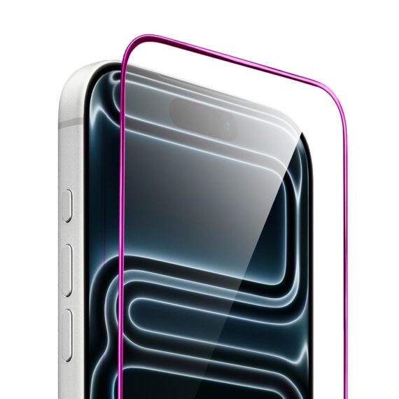 Szkło hartowane 9H do iPhone 17 Pro, twarde wzmocnione z metalizowaną różową ramką (3)