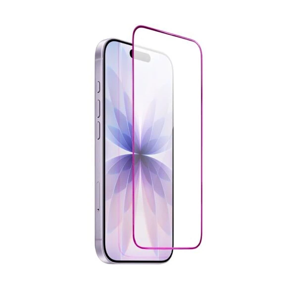 Szkło hartowane 9H do iPhone 17, twarde wzmocnione z metalizowaną różową ramką (1)