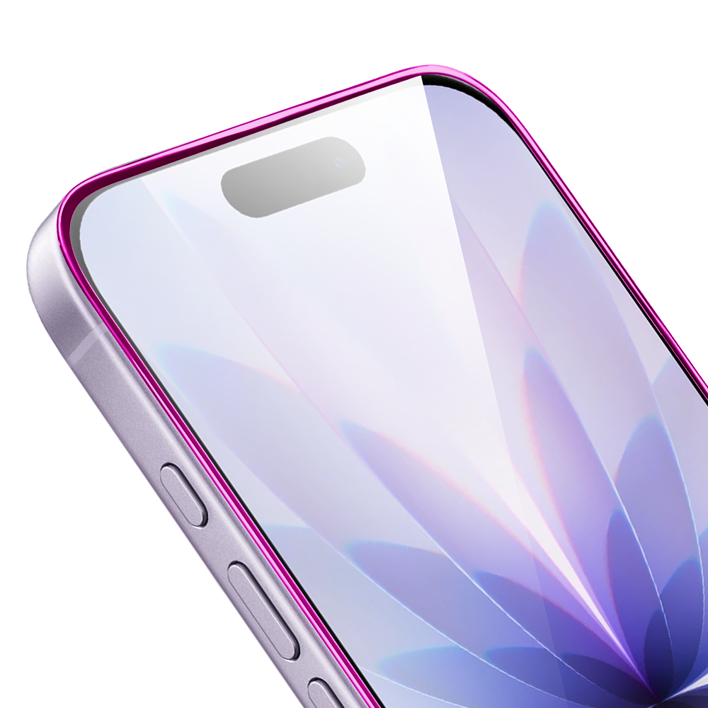 Szkło hartowane 9H do iPhone 17, twarde wzmocnione z metalizowaną różową ramką (4)