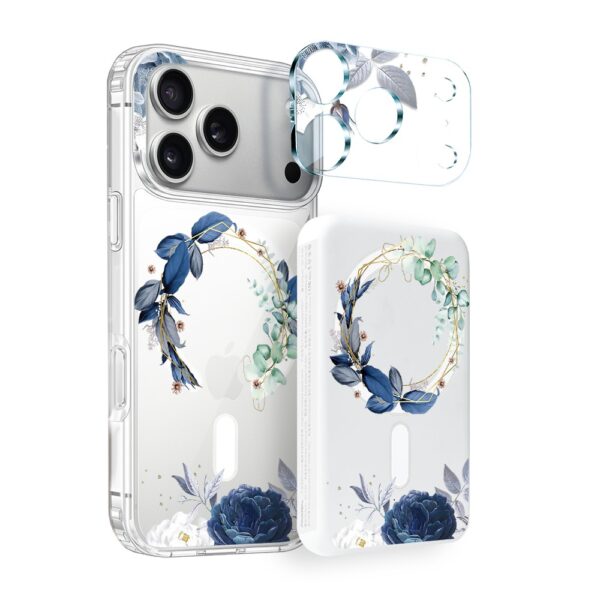 Zestaw etui do iPhone 17 Pro Max, szkło na aparat, power bank, niebieskie kwiaty