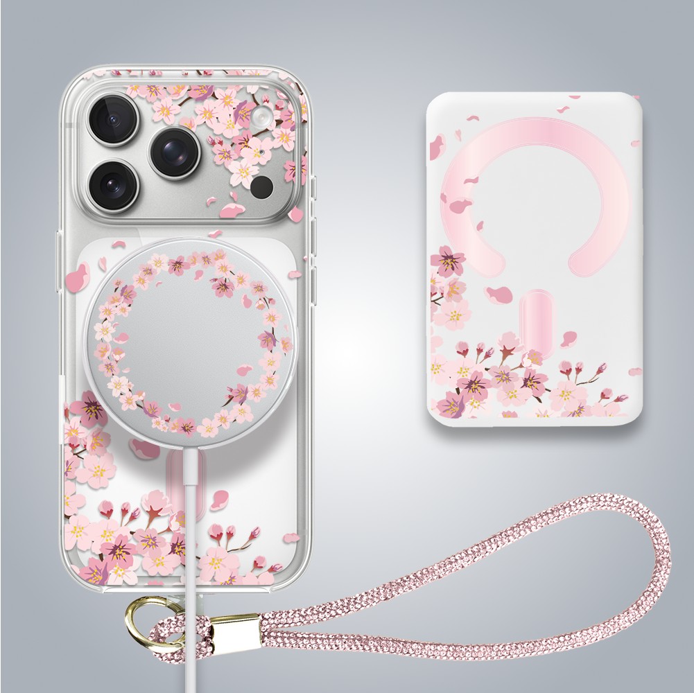 Zestaw etui do iPhone 17 Pro, szkło na aparat, power bank, kwiat wiśni2