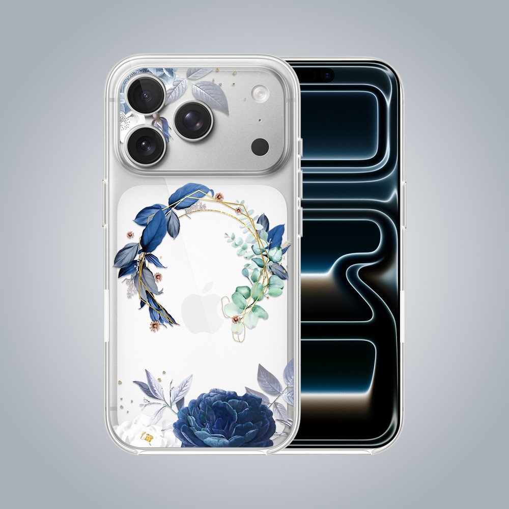 Zestaw etui do iPhone 17 Pro, szkło na aparat, power bank, niebieskie kwiaty1