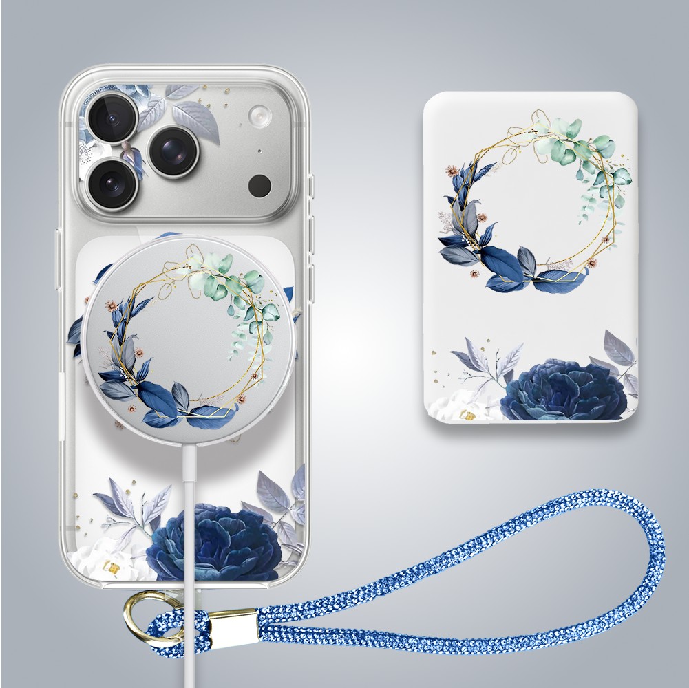 Zestaw etui do iPhone 17 Pro, szkło na aparat, power bank, niebieskie kwiaty2
