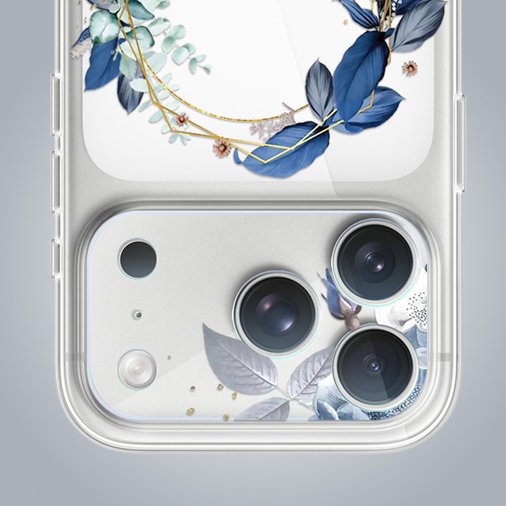 Zestaw etui do iPhone 17 Pro, szkło na aparat, power bank, niebieskie kwiaty3