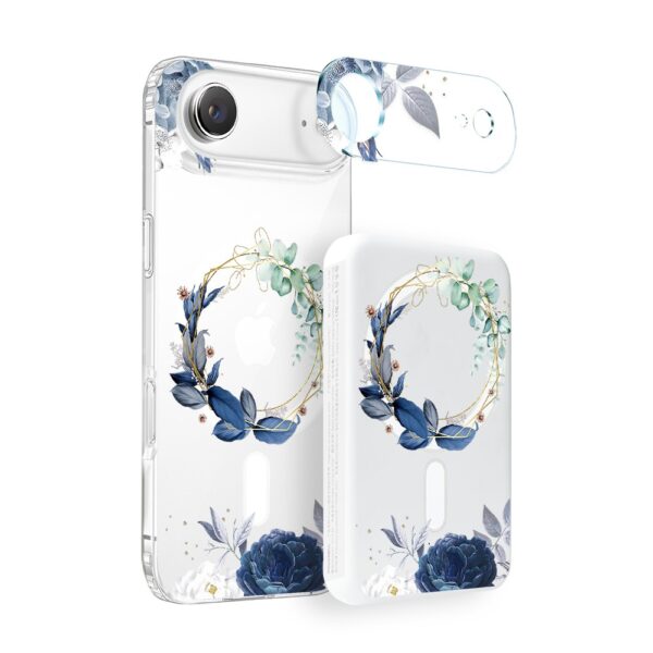 Zestaw etui do iPhone Air, szkło na aparat, power bank, niebieskie kwiaty