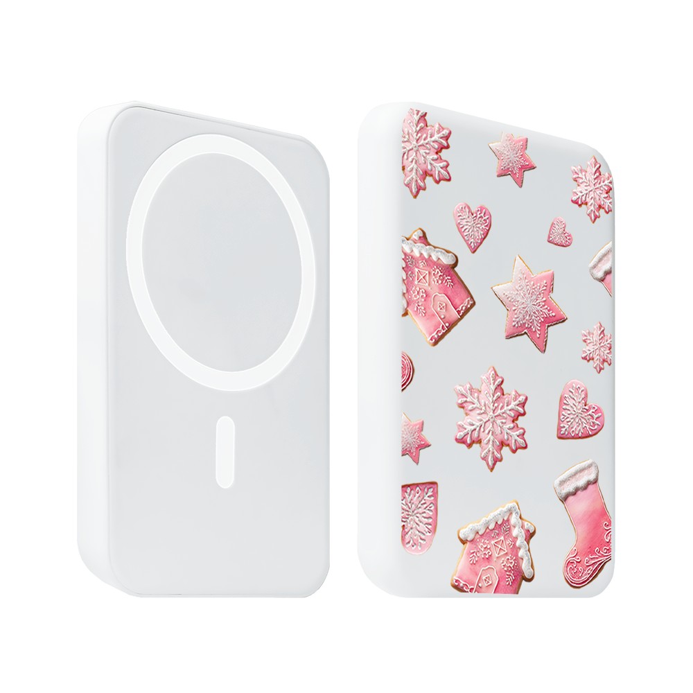 Power bank MagSafe 5000mAh ładowanie bezprzewodowe iPhone 17/16/15/14/13/12, różowe pierniczki, biały
