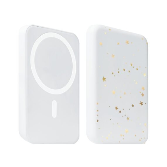 1Power bank MagSafe 5000mAh ładowanie bezprzewodowe iPhone 17:16:15:14:13:12, złote gwiazdki, biały