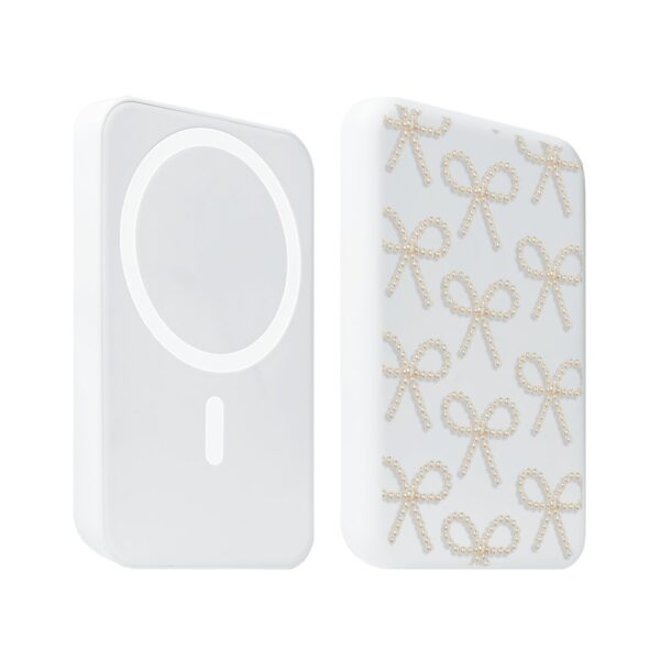 1Power bank MagSafe 5000mAh ładowanie bezprzewodowe iPhone 17:16:15:14:13:12, złote kokardki, biały