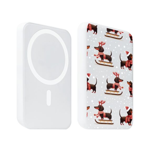 1Power bank Magsafe 5000mAh ładowanie bezprzewodowe iPhone 17:16:15:14:13:12, jamniki na saniach, biały