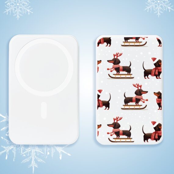 2Power bank Magsafe 5000mAh ładowanie bezprzewodowe iPhone 17:16:15:14:13:12, jamniki na saniach, biały