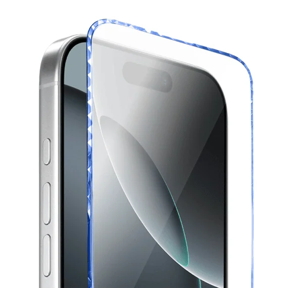 Diamond Cut, twarde szkło z ozdobną diamentową ramką do iPhone 16 PM, niebieskie, nowe (4)