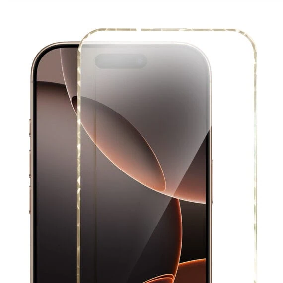 Diamond Cut, twarde szkło z ozdobną diamentową ramką do iPhone 16 PM, złote, nowe (1)