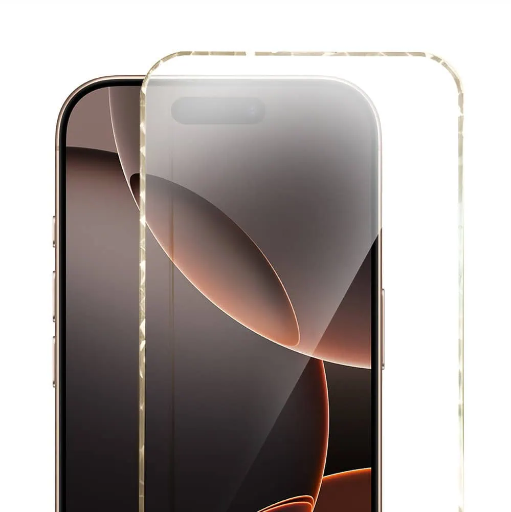 Diamond Cut, twarde szkło z ozdobną diamentową ramką do iPhone 16 PM, złote, nowe (1)