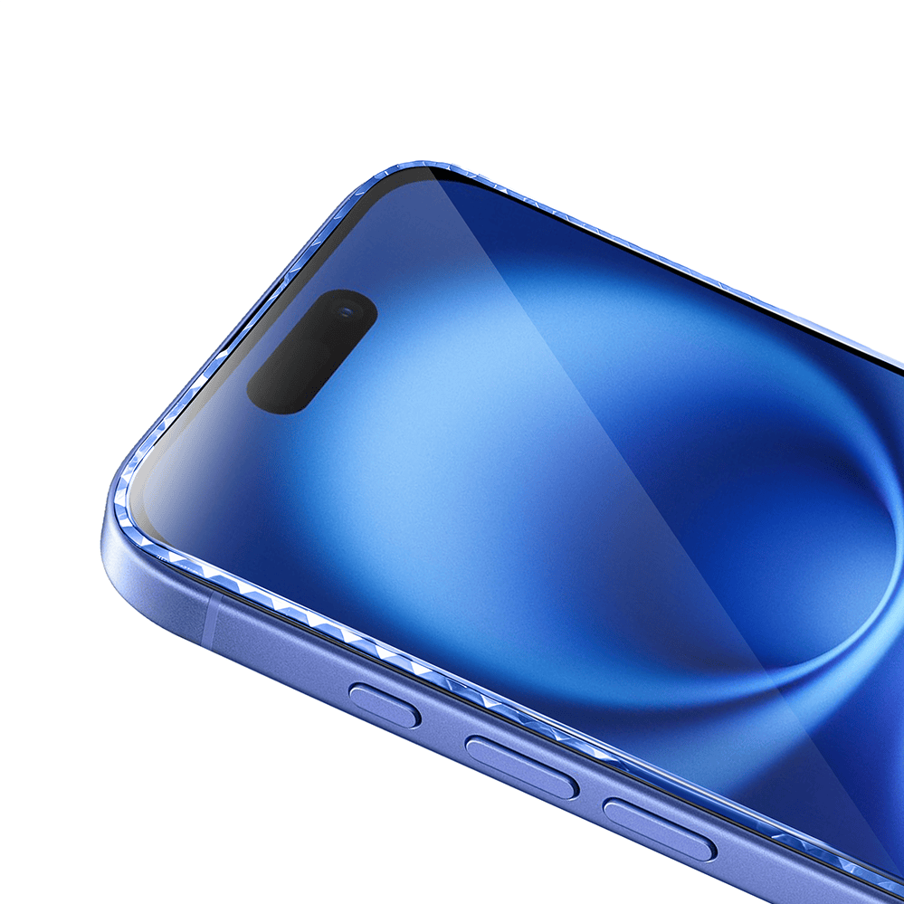 Diamond Cut, twarde szkło z ozdobną diamentową ramką do iPhone 16, niebieskie, nowe (1)