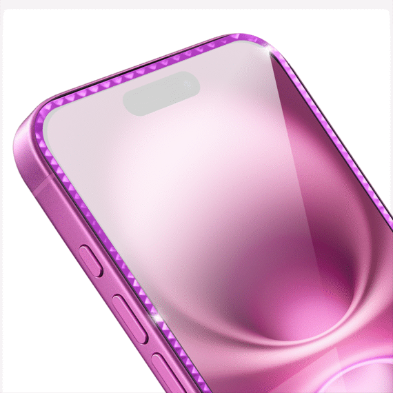 Diamond Cut, twarde szkło z ozdobną diamentową ramką do iPhone 16, różowe (1)