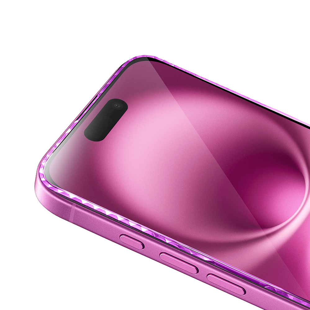 Diamond Cut, twarde szkło z ozdobną diamentową ramką do iPhone 16, różowe, nowe (2)