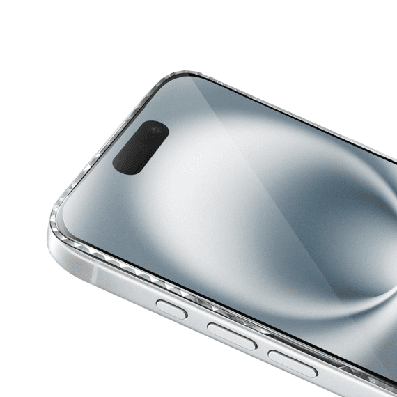 Diamond Cut, twarde szkło z ozdobną diamentową ramką do iPhone 16, srebrne, nowe (2)