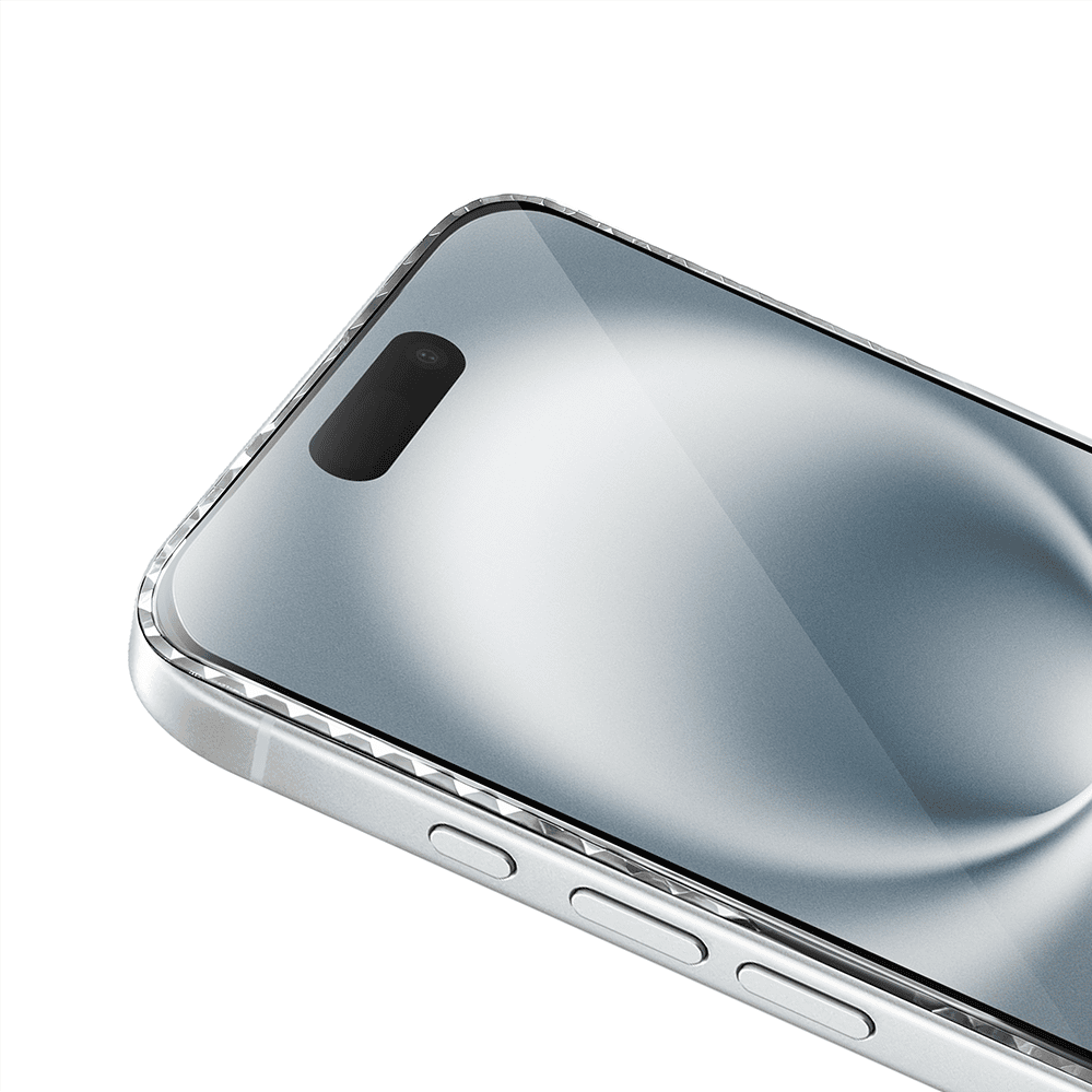 Diamond Cut, twarde szkło z ozdobną diamentową ramką do iPhone 16, srebrne, nowe (2)
