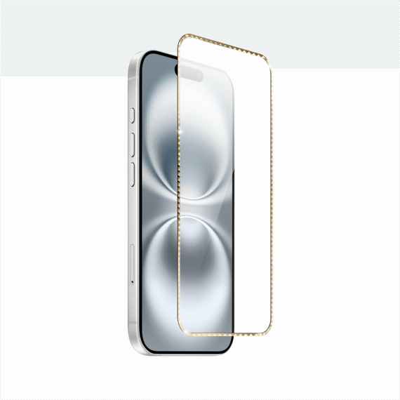 Diamond Cut, twarde szkło z ozdobną diamentową ramką do iPhone 16, złote (3)