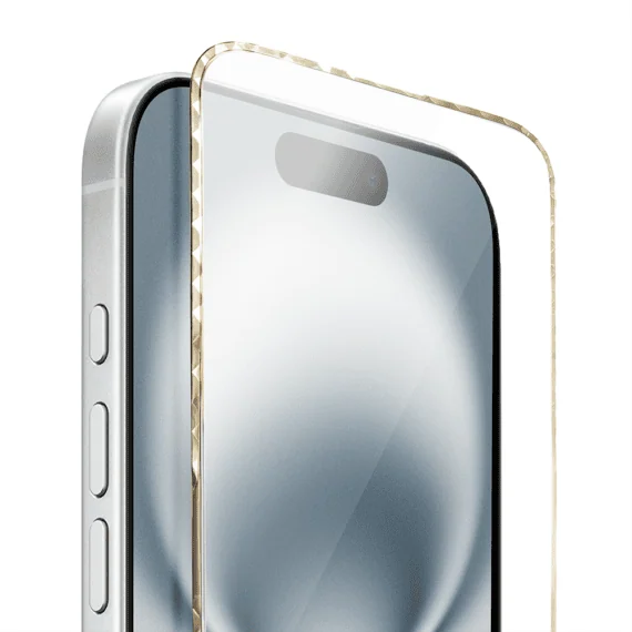 Diamond Cut, twarde szkło z ozdobną diamentową ramką do iPhone 16, złote, nowe (4)