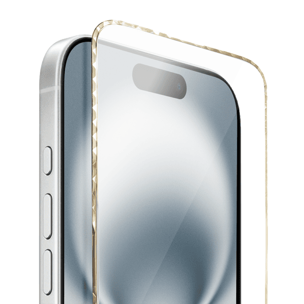 Diamond Cut, twarde szkło z ozdobną diamentową ramką do iPhone 16, złote, nowe (4)