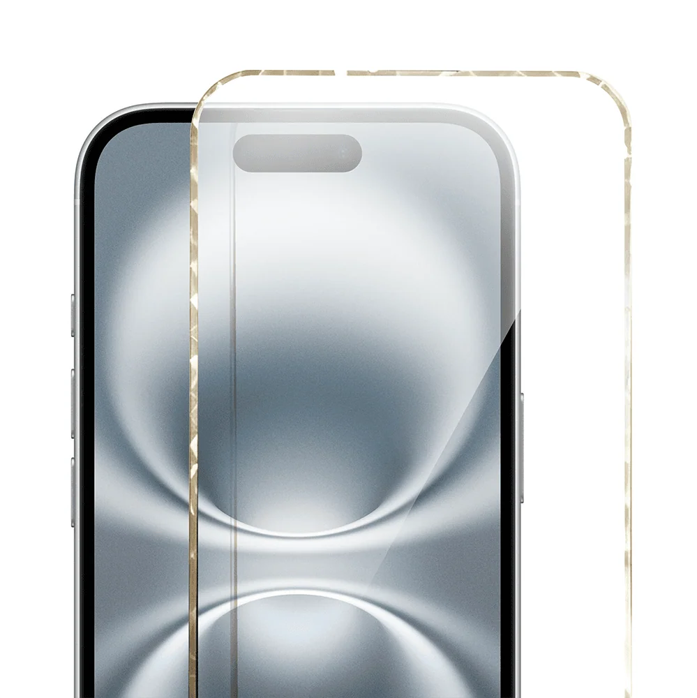 Diamond Cut, twarde szkło z ozdobną diamentową ramką do iPhone 16, złote, nowe (5)