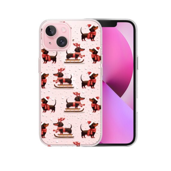 Etui do iPhone 13, Przytulne święta, Jamniki na saniach, przeźroczyste2