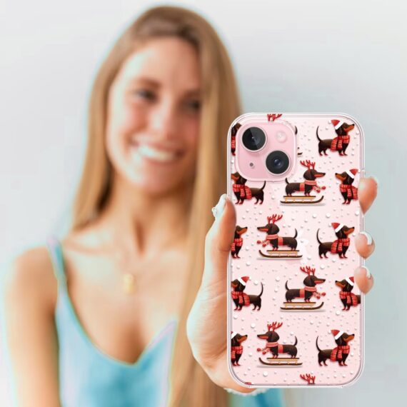 Etui do iPhone 13, Przytulne święta, Jamniki na saniach, przeźroczyste3