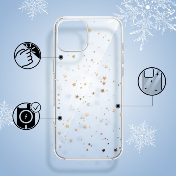 Etui do iPhone 13, Zimowa Magia, Złote gwiazdki, przeźroczyste2