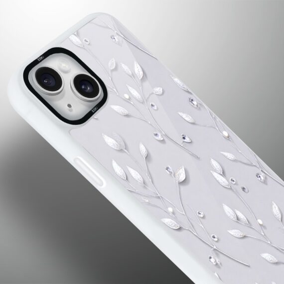 Etui do iPhone 14 IBIZU DropGuard Matt z MagSafe, Zimowa magia, Lodowe kwiaty, biała ramka (1)