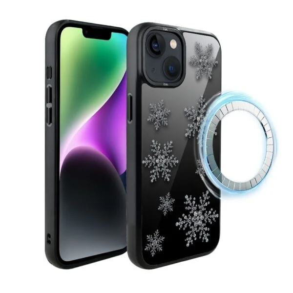 Etui do iPhone 14 IBIZU DropGuard Matt z MagSafe, Zimowa magia, Płatki śniegu na czarnym lustrze