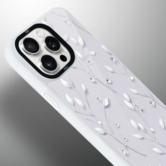 Etui do iPhone 14 Pro Max IBIZU DropGuard Matt z MagSafe, Zimowa magia, Lodowe kwiaty, biała ramka (1)