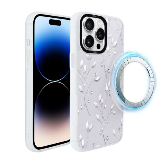 Etui do iPhone 14 Pro Max IBIZU DropGuard Matt z MagSafe, Zimowa magia, Lodowe kwiaty, biała ramka (5)