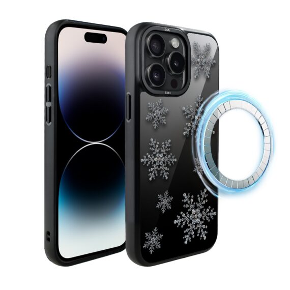 Etui do iPhone 14 Pro Max IBIZU DropGuard Matt z MagSafe, Zimowa magia, Płatki śniegu na czarnym lustrze ip 14 pro-6