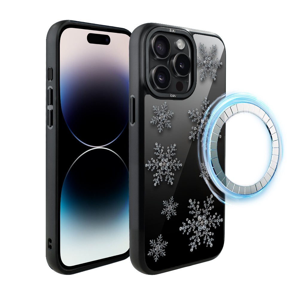 Etui do iPhone 14 Pro IBIZU DropGuard Matt z MagSafe, Zimowa magia, Płatki śniegu na czarnym lustrze