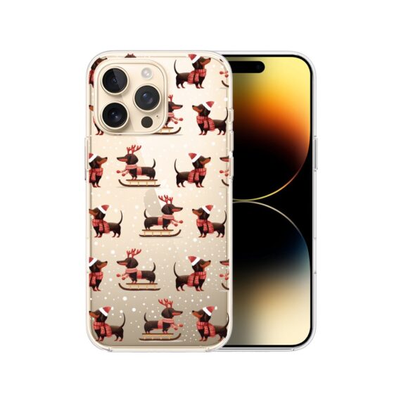 Etui do iPhone 14 Pro, Przytulne święta, Jamniki na saniach, przeźroczyste7