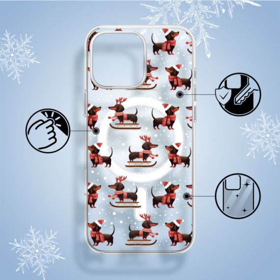 Etui do iPhone 14 Pro z MagSafe, Przytulne święta, Jamniki na saniach, przeźroczyste1