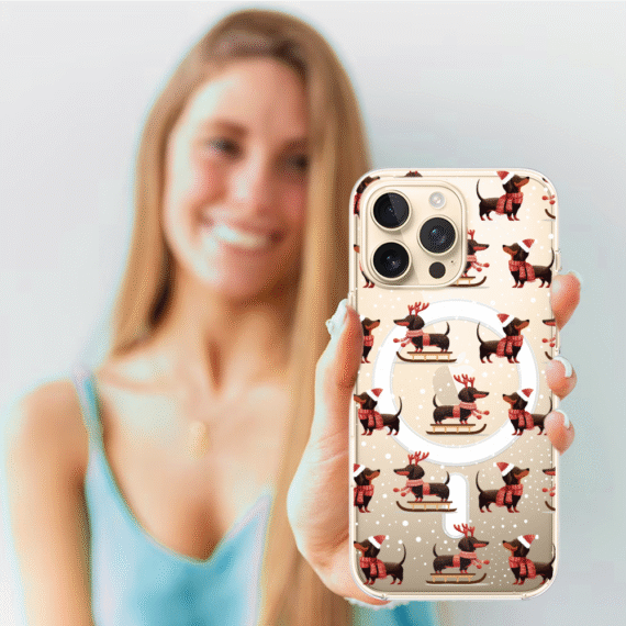 Etui do iPhone 14 Pro z MagSafe, Przytulne święta, Jamniki na saniach, przeźroczyste4